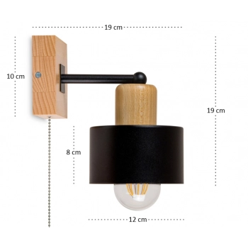 Hadrian kinkiet z włącznikiem E27 drewno bukowe, klosz czarny SHWD-SC10x10BU