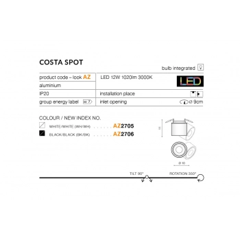 Costa Spot LED 12W 1020lm lampa sufitowa czarna