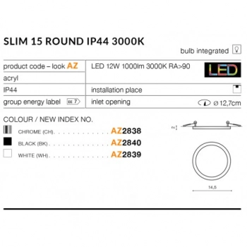 Slim 15 round LED 12W 1000lm IP44 lampa sufitowa czarna