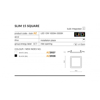 Slim 15 square LED 12W 1000lm IP44 lampa sufitowa czarna