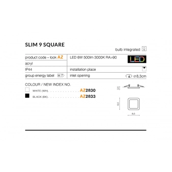 Slim 9 square LED 6W 500lm IP44 lampa sufitowa czarna