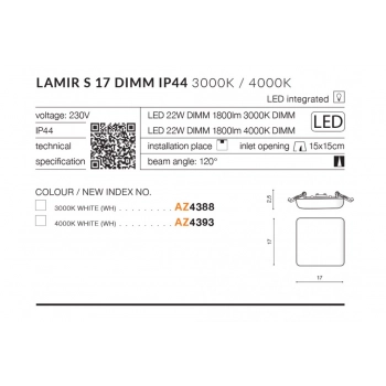 Lamir S17 IP44 LED DIMM lampa sufitowa 22W 1800lm biała