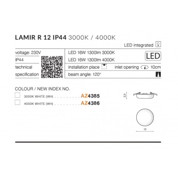 Lamir R12 IP44 LED lampa sufitowa 16W 1300lm biała