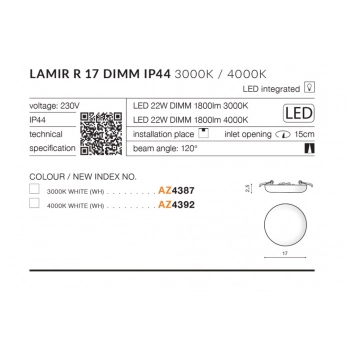Lamir R17 IP44 LED DIMM lampa sufitowa 22W 1800lm biała