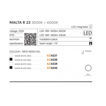 Malta R23 WH LED lampa sufitowa 18W 1600lm biała
