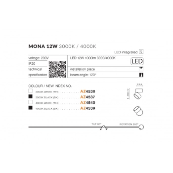 Mona 12W BK LED 1000lm lampa sufitowa czarna