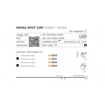 Mona Spot 12W WH LED 1000lm lampa sufitowa biała