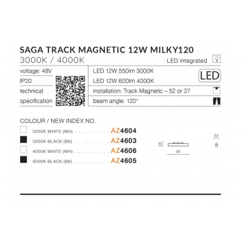 Azzardo Alfa Saga 30 BK oprawa do systemu Magnetic 48V Milki120 LED 12W czarna