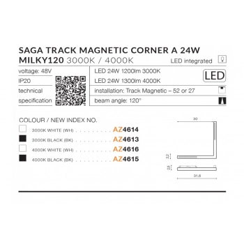 Azzardo Alfa Saga Corner A WH oprawa do systemu Magnetic 48V Milki120 LED 24W biała