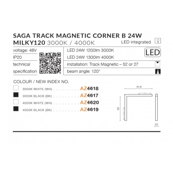 Azzardo Alfa Saga Corner B WH oprawa do systemu Magnetic 48V Milki120 LED 24W biała