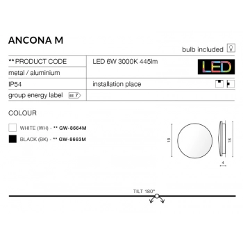 Ancona M 180mm kinkiet LED 9W 700lm 3000K biały GW-8664M