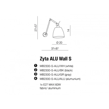 Zyta S ALU White kinkiet E27  MB2300-S ALU/WH + LED GRATIS