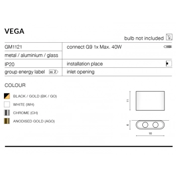 Vega Black Gold kinkiet G9 GM1121 BK/GO + LED GRATIS