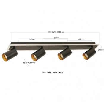 Parma 4 plafon 4xGU10, LED 20W 2100lm CCT czarny LP-0612/4C BK