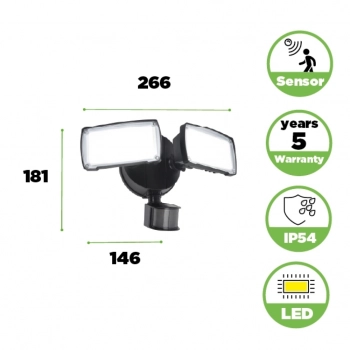 Chimera kinkiet LED 21W 2350lm 5000K IP54 czarny z czujnikiem ruchu