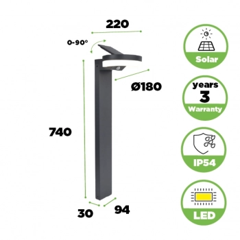 Runda Solar słupek LED 12W 1300lm 4000K IP54 szary z czujnikiem ruchu
