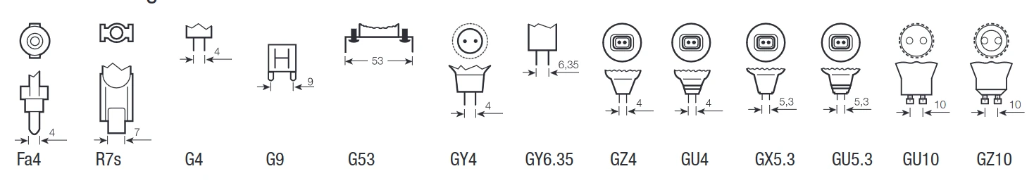 Trzonki: Fa4, R7s, G4, G9, G23, GY4, GY6.35, GZ4, GU4, GX5.3, GU5.3, GU10, GZ10