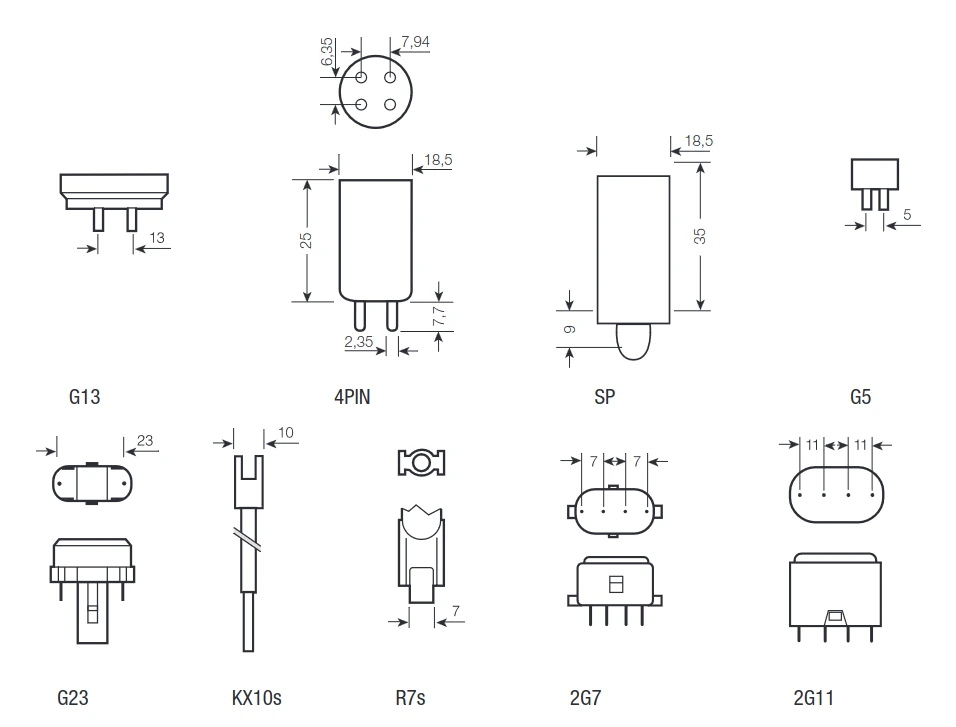 Trzonki: G13, 4PIN, SP, G5, G23, KX10s, R7s, 2G7, 2G11