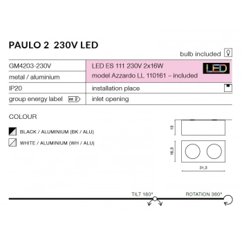 Paulo 2 lampa sufitowa 2xES111 GU10 GM4201 BK/ALU + LED GRATIS