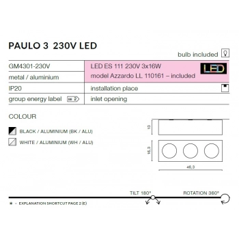 Paulo 3 lampa sufitowa 3xES111 GU10 GM4301 BK/ALU + LED GRATIS