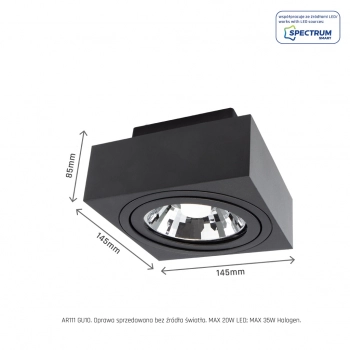 Mirora lampa sufitowa GU10 AR111 czarna kwadratowa ruchoma
